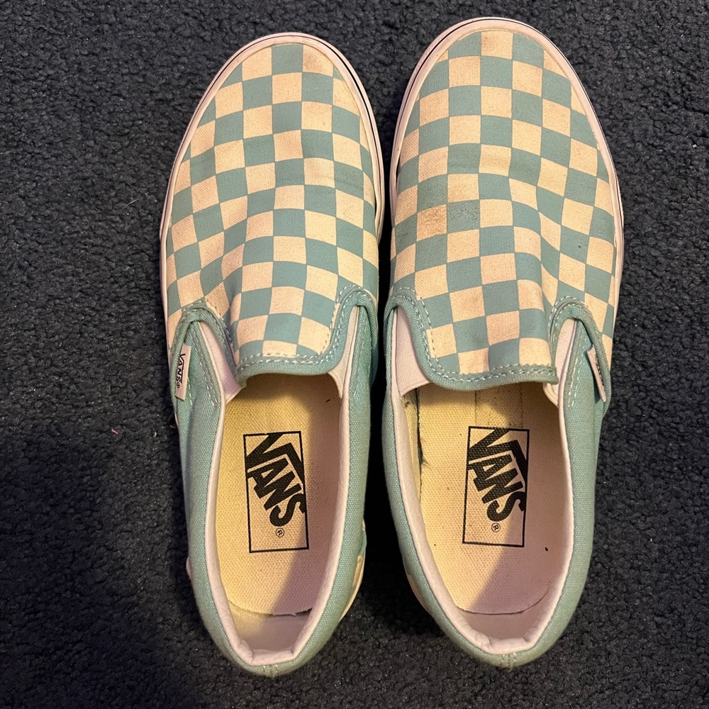 Used blue and white Vans Checkerboard Classic Slip On